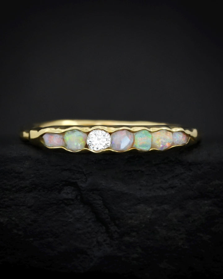 THE ONE. Raw Opal and Diamond Ring. Rustic Solid Gold or Silver Uncut Natural Australian Opal Alternative Stacking Wedding Milestone Band