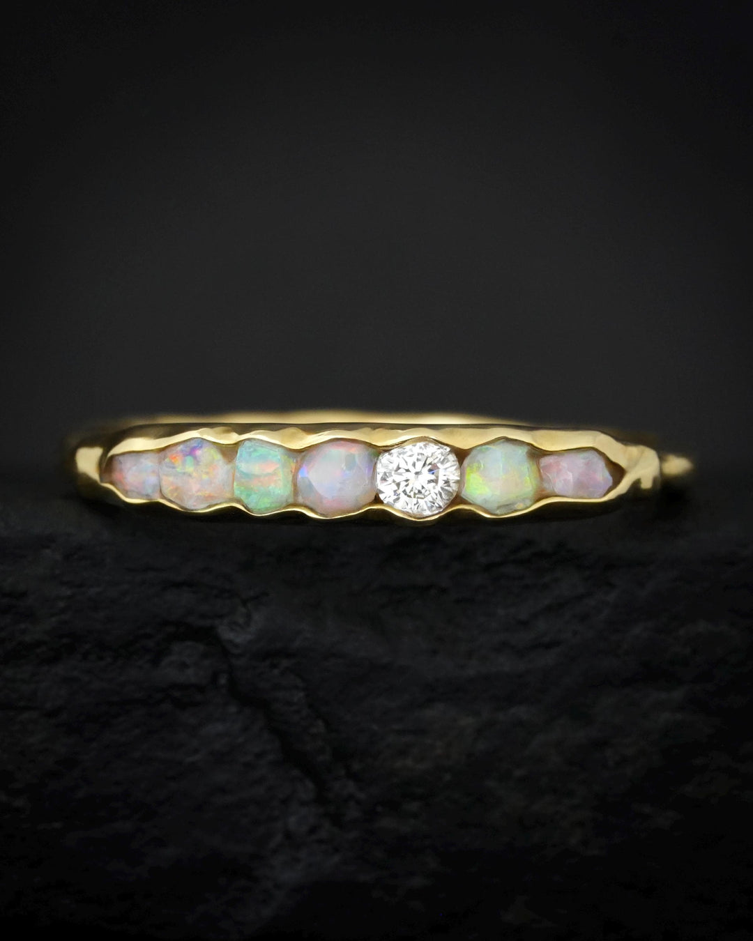 THE ONE. Raw Opal and Diamond Ring. Rustic Solid Gold or Silver Uncut Natural Australian Opal Alternative Stacking Wedding Milestone Band