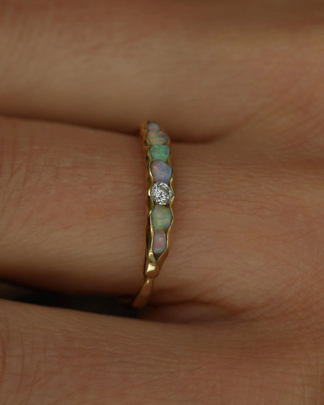 THE ONE. Raw Opal and Diamond Ring. Rustic Solid Gold or Silver Uncut Natural Australian Opal Alternative Stacking Wedding Milestone Band