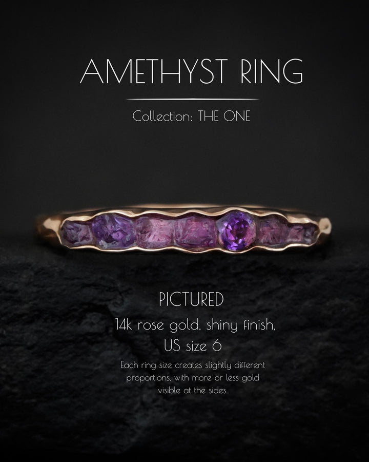 THE ONE. Raw Amethyst Ring. Rustic Solid Gold or Silver Uncut Natural Purple Amethyst Alternative Stacking Wedding Milestone Band