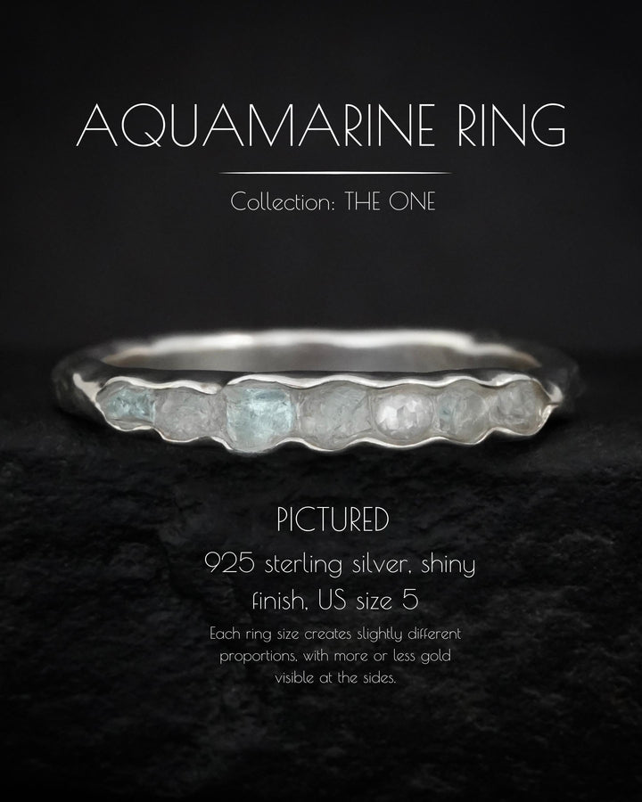 THE ONE. Raw Aquamarine and Diamond Ring. Rustic Solid Gold or Silver Uncut Natural Aquamarine Alternative Stacking Wedding Milestone Band