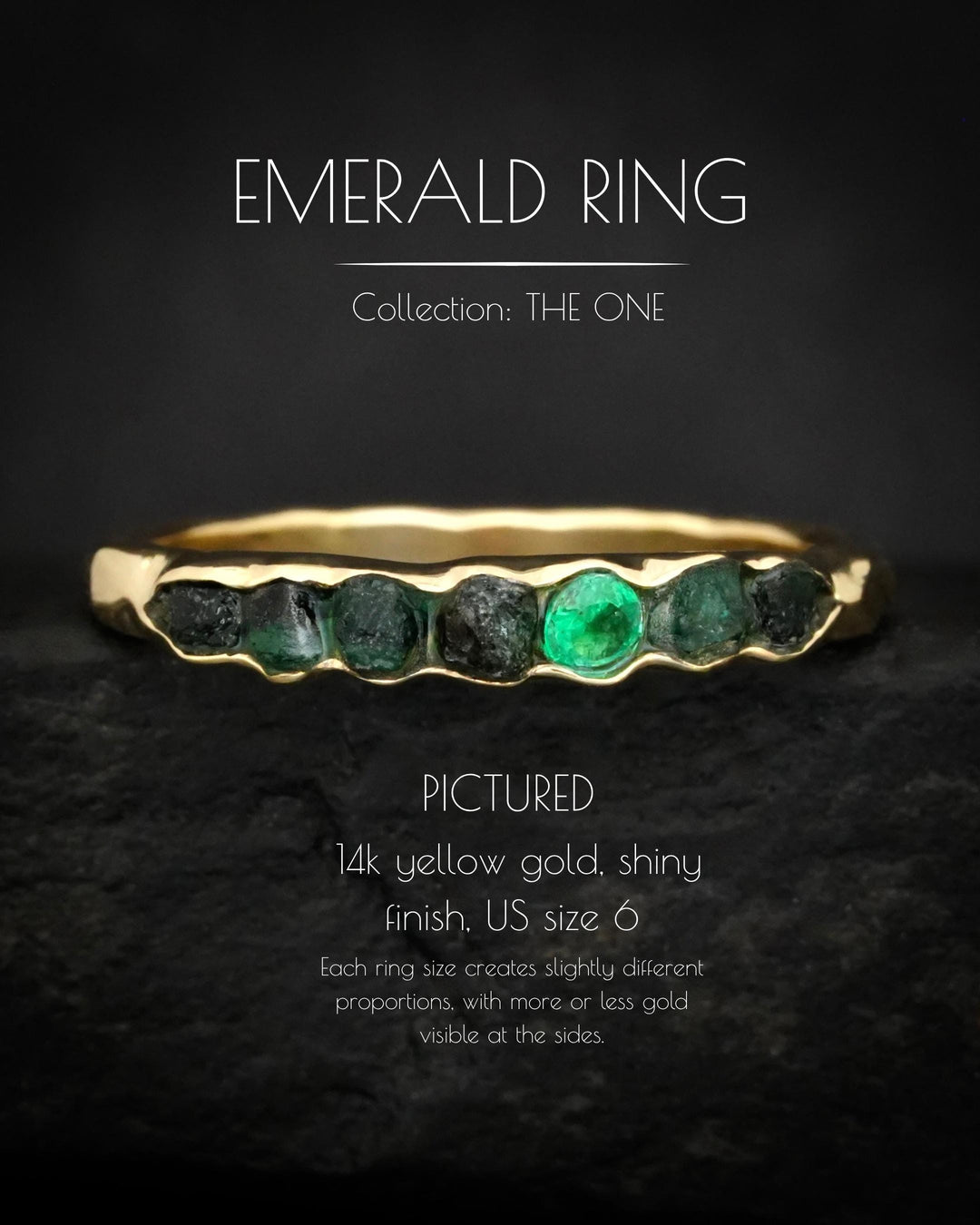 THE ONE. Raw Emerald Ring. Rustic Solid Gold or Silver Uncut Natural Green Emerald Alternative Stacking Wedding Milestone Band