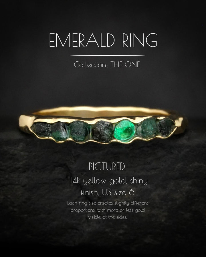 THE ONE. Raw Emerald Ring. Rustic Solid Gold or Silver Uncut Natural Green Emerald Alternative Stacking Wedding Milestone Band
