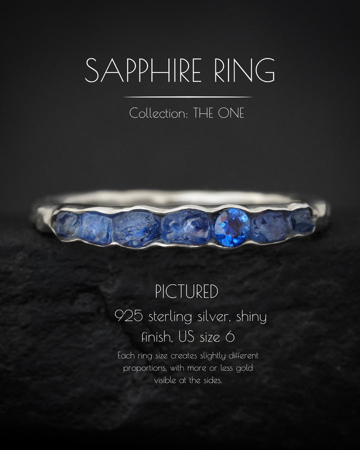 THE ONE. Raw Sapphire Ring. Rustic Solid Gold or Silver Uncut Natural Blue Sapphire Alternative Stacking Wedding Milestone Band
