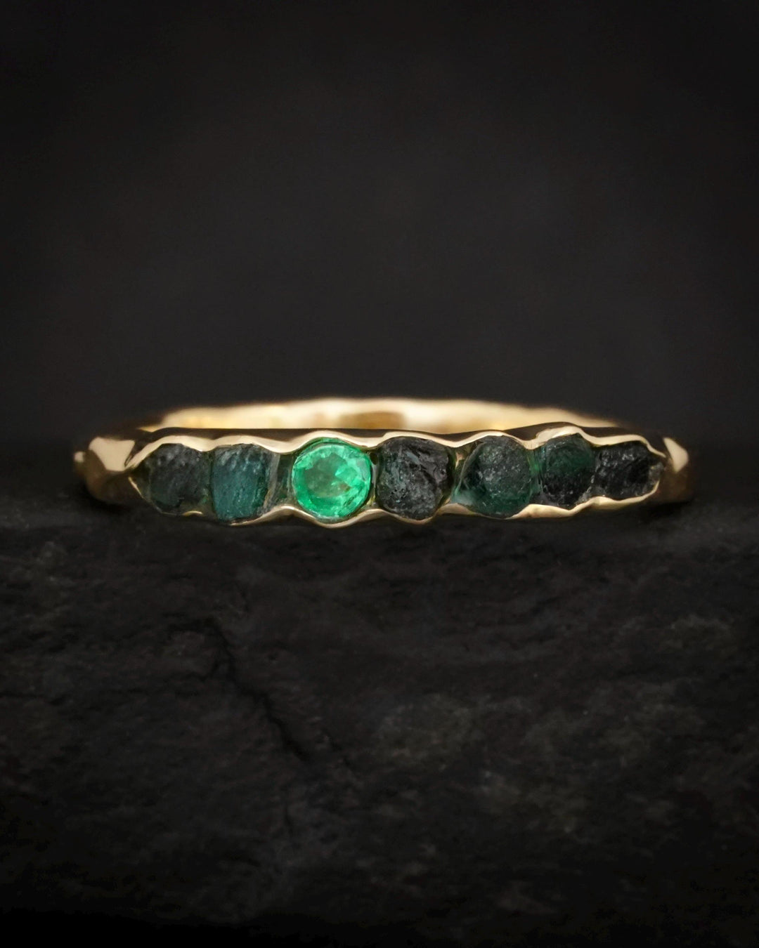 THE ONE. Raw Emerald Ring. Rustic Solid Gold or Silver Uncut Natural Green Emerald Alternative Stacking Wedding Milestone Band