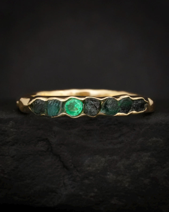 THE ONE. Raw Emerald Ring. Rustic Solid Gold or Silver Uncut Natural Green Emerald Alternative Stacking Wedding Milestone Band