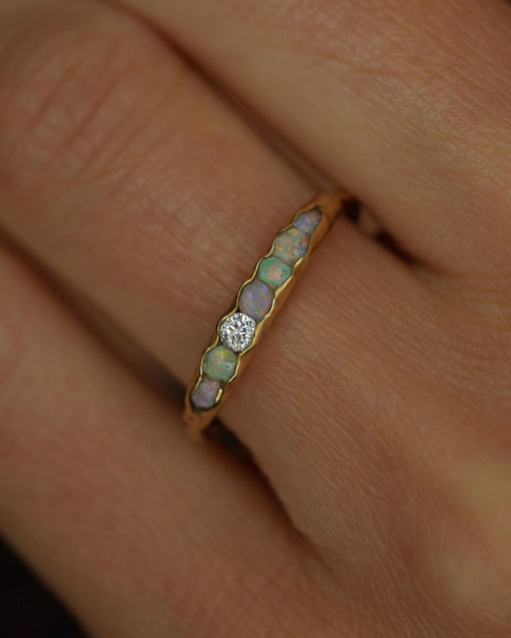 THE ONE. Raw Opal and Diamond Ring. Rustic Solid Gold or Silver Uncut Natural Australian Opal Alternative Stacking Wedding Milestone Band