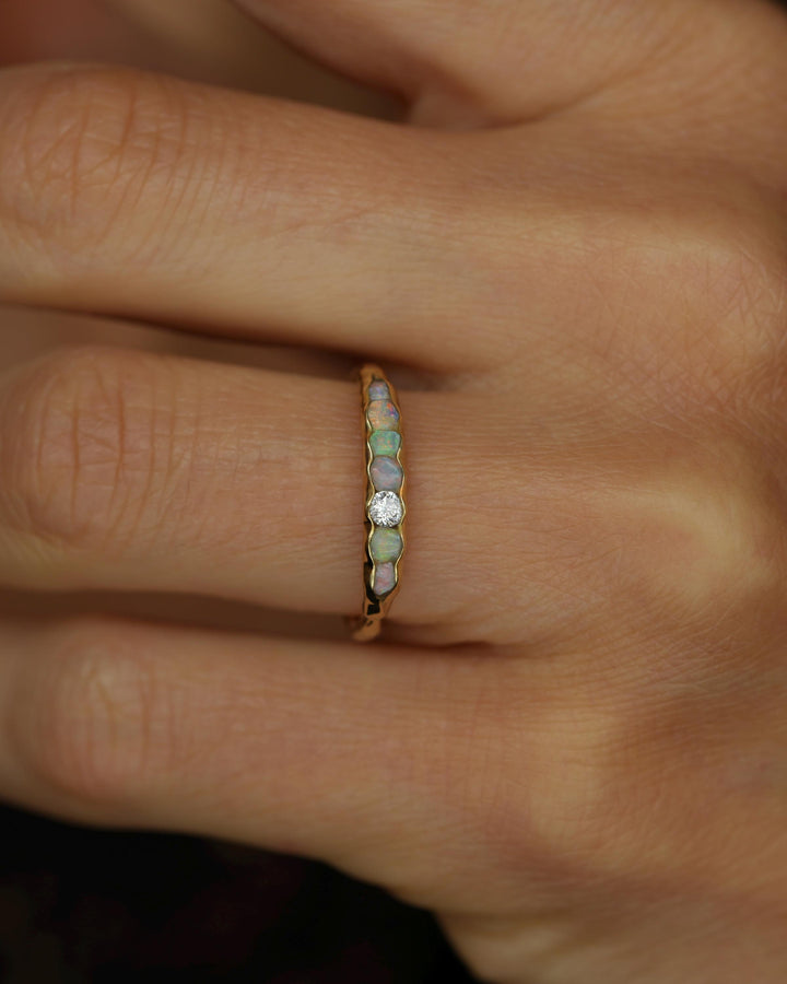 THE ONE. Raw Opal and Diamond Ring. Rustic Solid Gold or Silver Uncut Natural Australian Opal Alternative Stacking Wedding Milestone Band