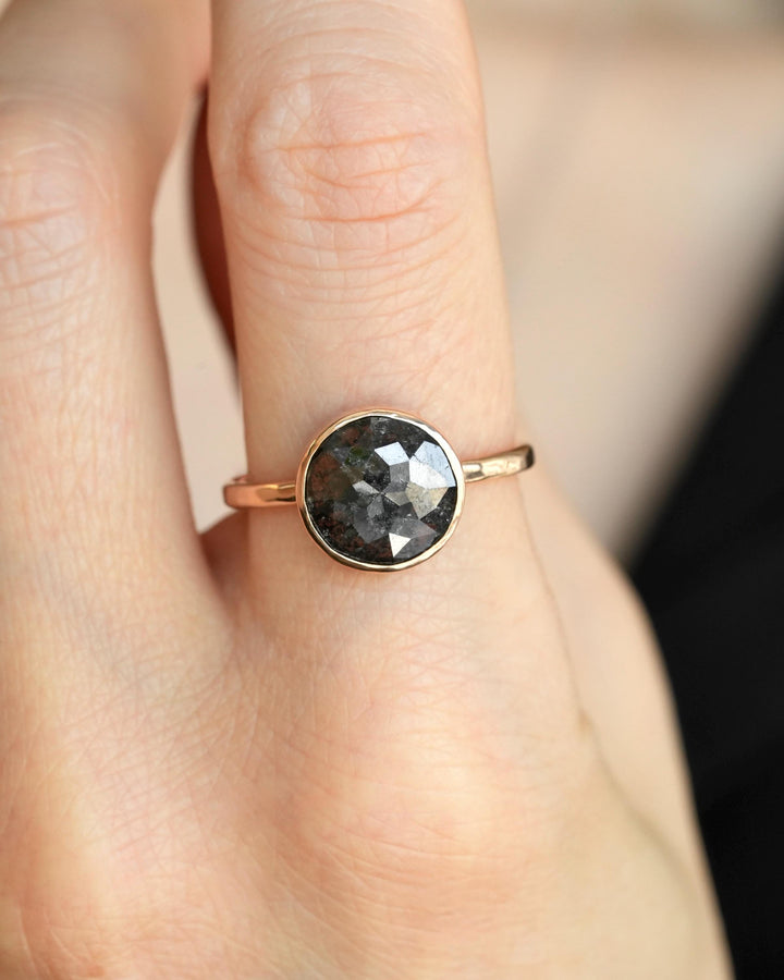14k Rose Gold Round Galaxy Diamond Ring. Rustic Shiny Rose Gold Bezel Set Huge Salt and Pepper Diamond Engagement Statement Ring