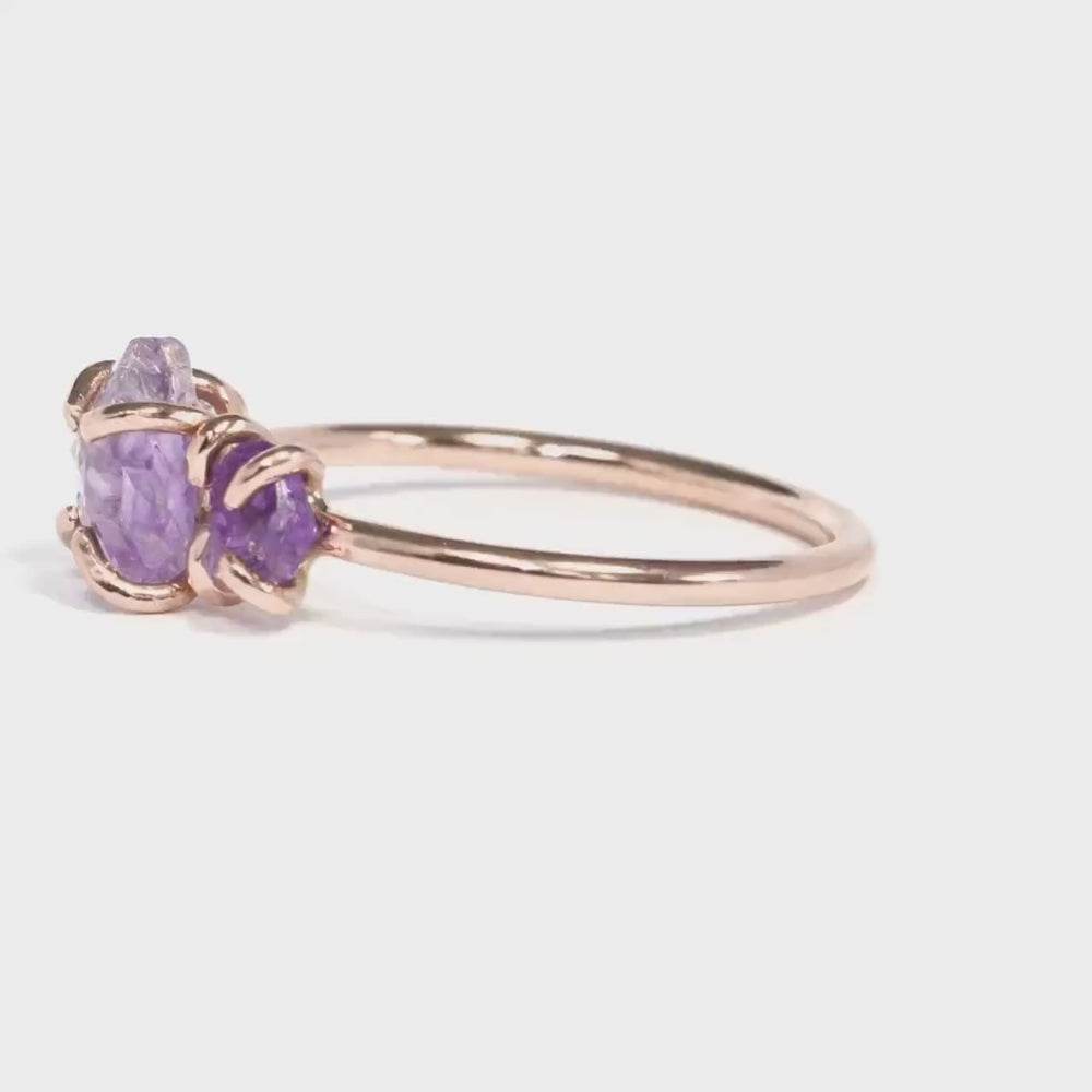 Raw Amethyst 3 Stone Crystal Ring