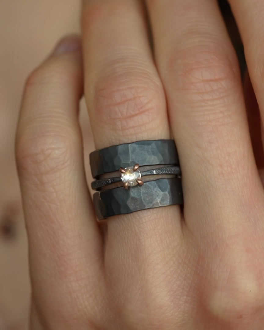 Black Silver and Matte Gold Natural Round Clear Diamond Engagement Ring