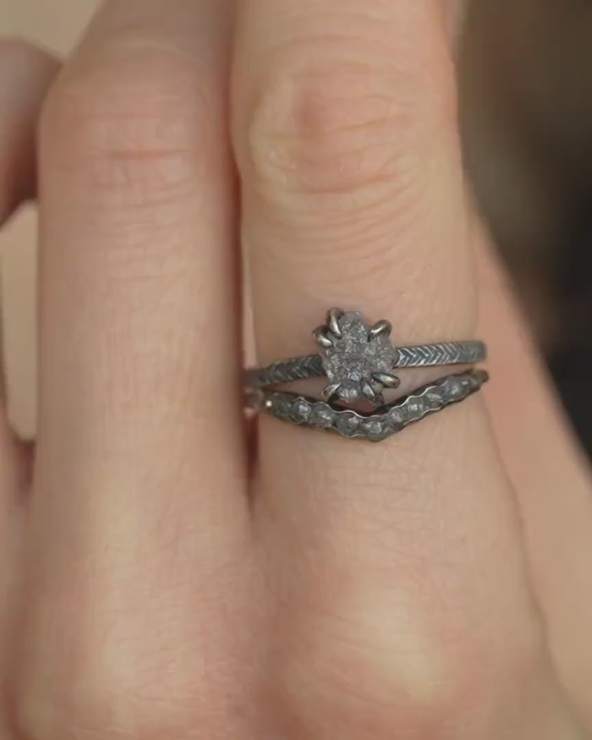 Black Silver Raw Grey Diamond Ring Set