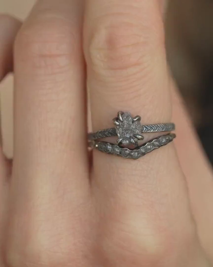 Black Silver Raw Grey Diamond Ring Set