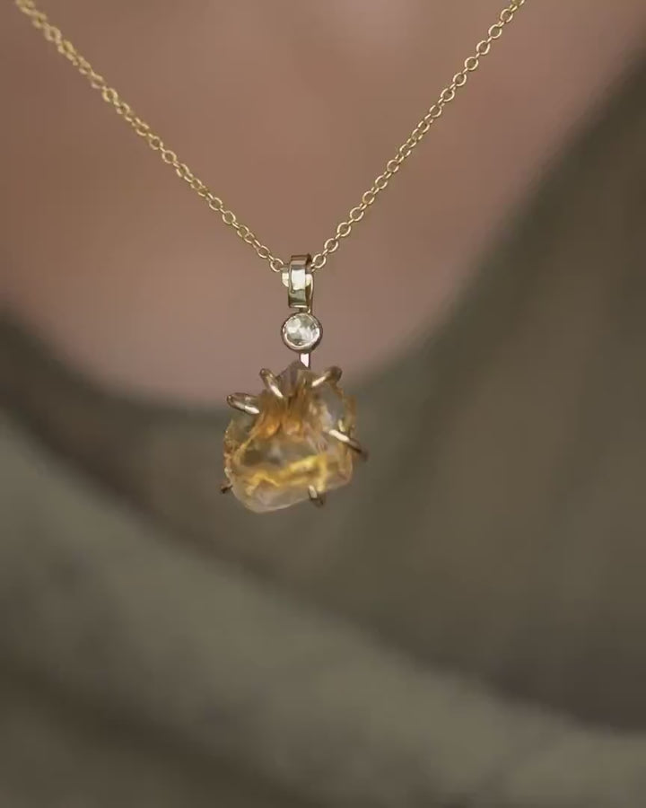 Gold Uncut Citrine and Diamond Pendant Necklace