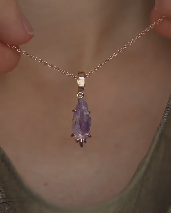 Rose Gold Raw Amethyst Crystal and Pink Diamond Necklace