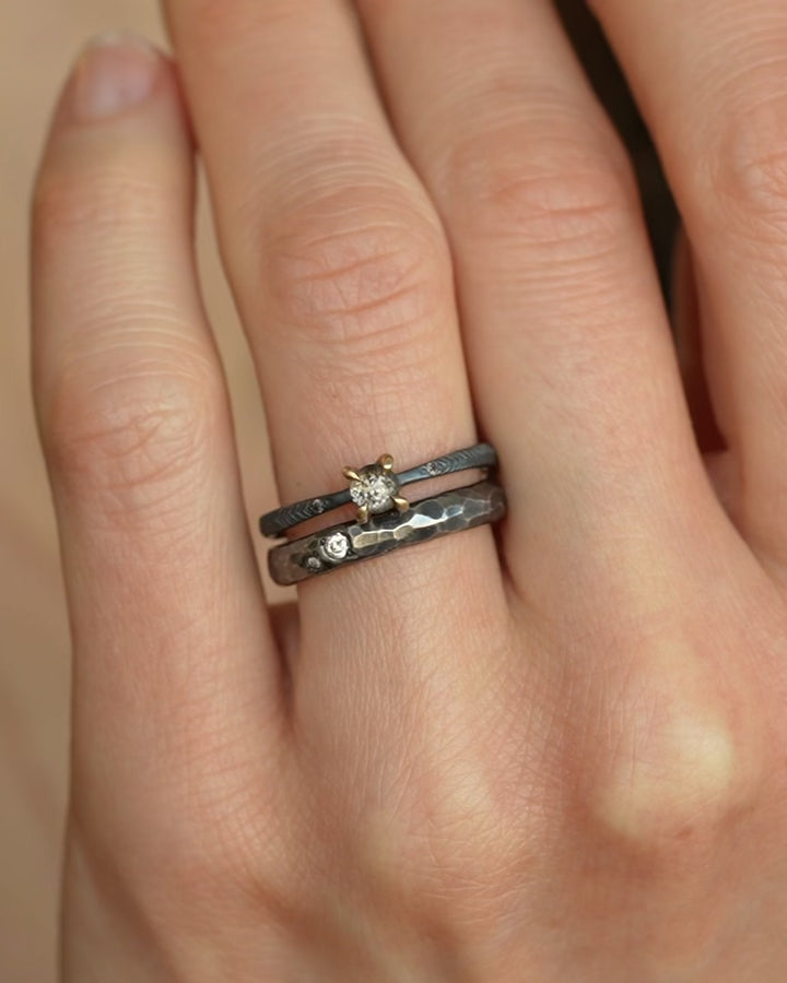 Black Silver and Matte Gold Round Salt and Pepper Diamond Ring