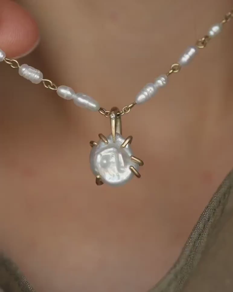 Matte Gold White Pearl and Diamond Necklace
