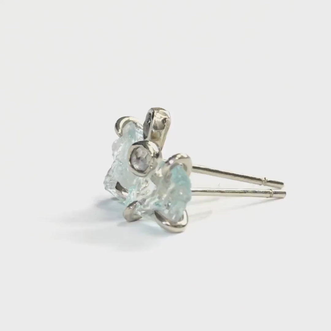 Raw Aquamarine and White Diamond Studs