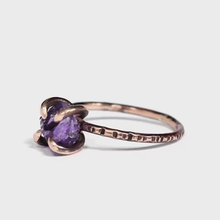 Raw Amethyst Crystal Ring.Rustic Organic Raw Rough Uncut Natural Purple Gemstone 4 Prong Set Patterned Band Amethyst Crystal Engagement Ring