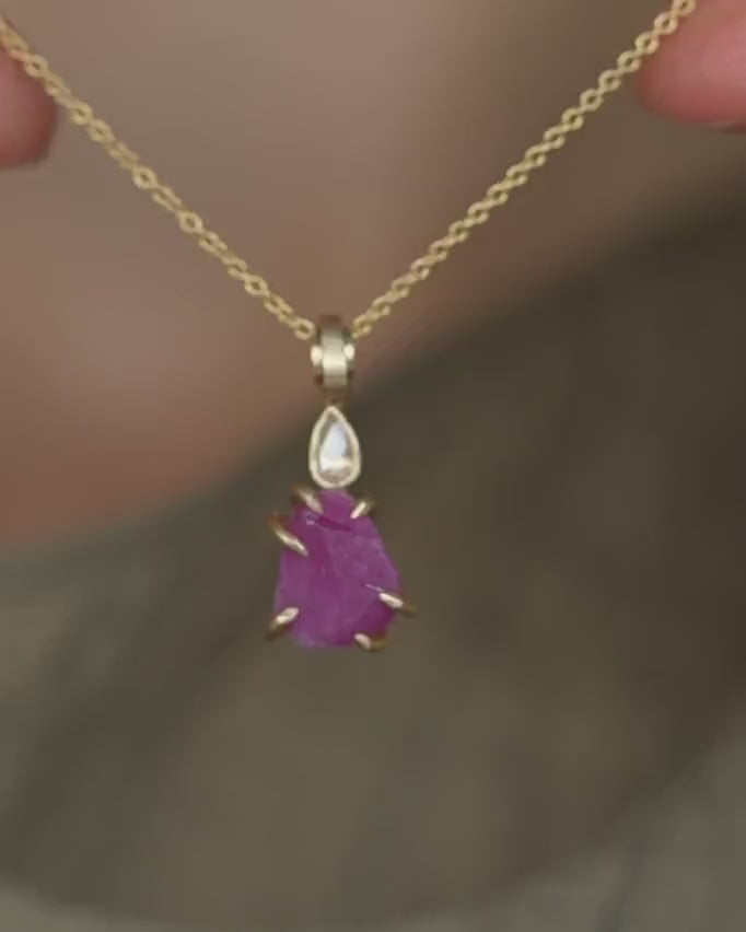 Gold Raw Ruby and Pear Diamond Necklace