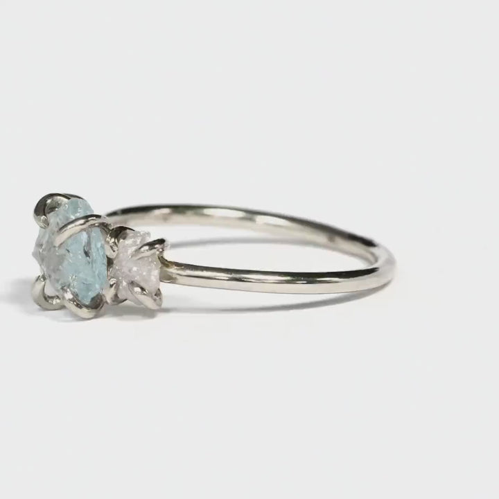 Raw Aquamarine and Diamond 3 Stone Engagement Ring