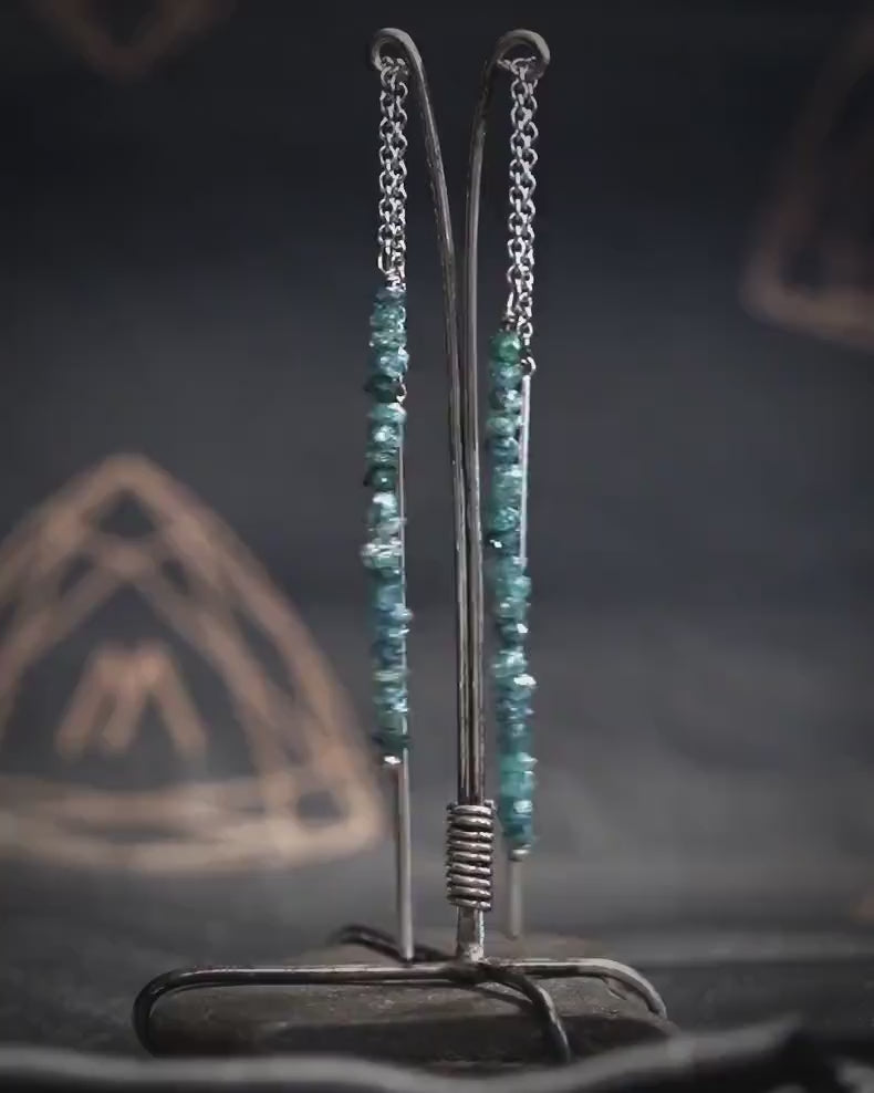 White Gold Raw and Cut Blue Diamond Thread Earrings