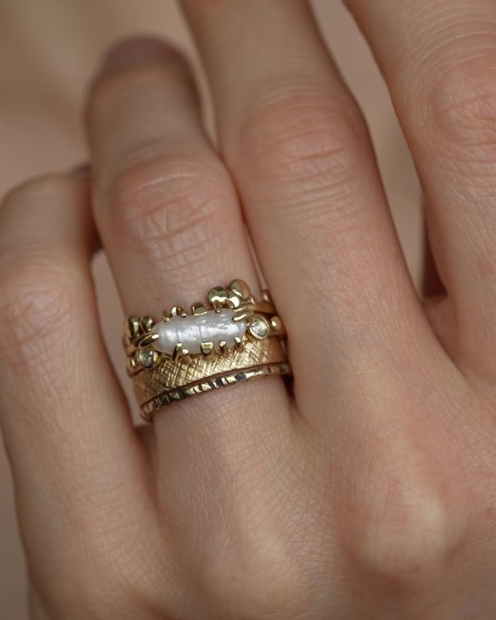 Biwa White Pearl and Diamond Ring