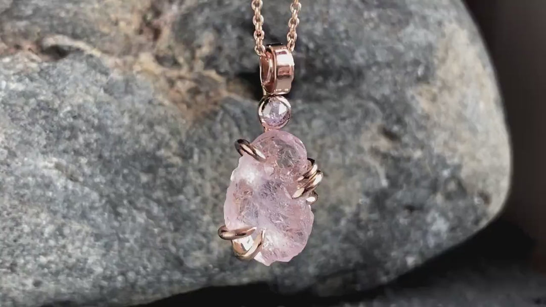 Rustic Morganite and Diamond Necklace Pink Crystal Necklace Natural Pink Stone Necklace Raw Crystal Pendant