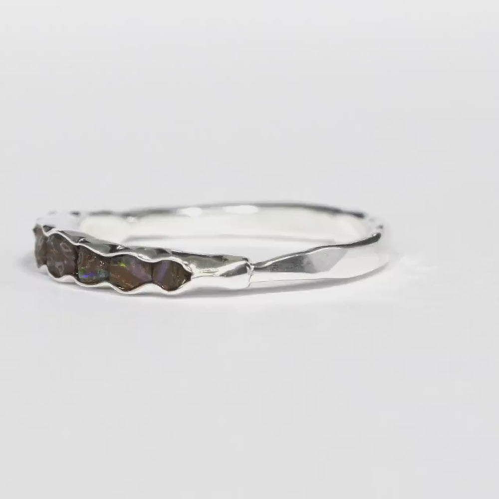 Raw Australian Boulder Opal Band Ring, Unique Wedding Jewelry
