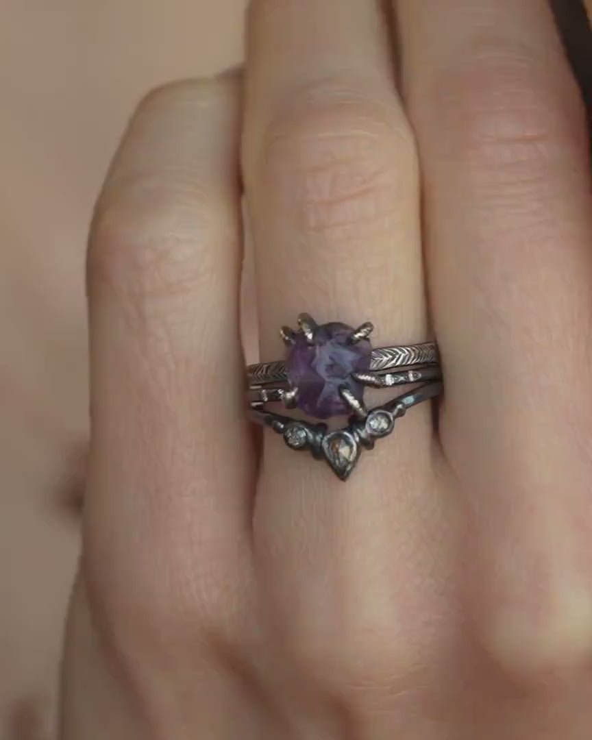 Black Silver Raw Amethyst Ring