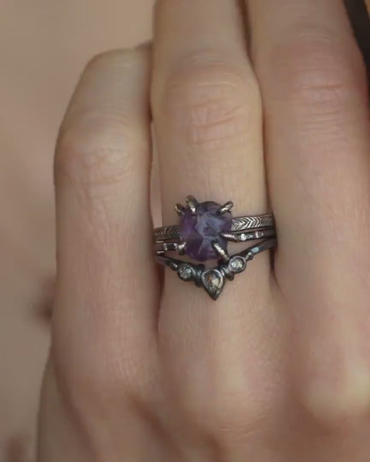 Black Silver Raw Amethyst Ring