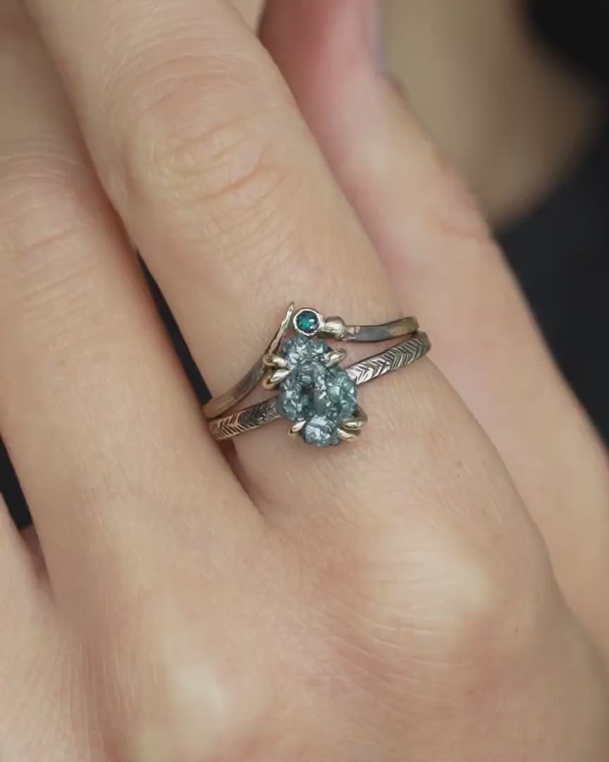 Yellow Gold Raw and Cut Blue Diamond Ring Set