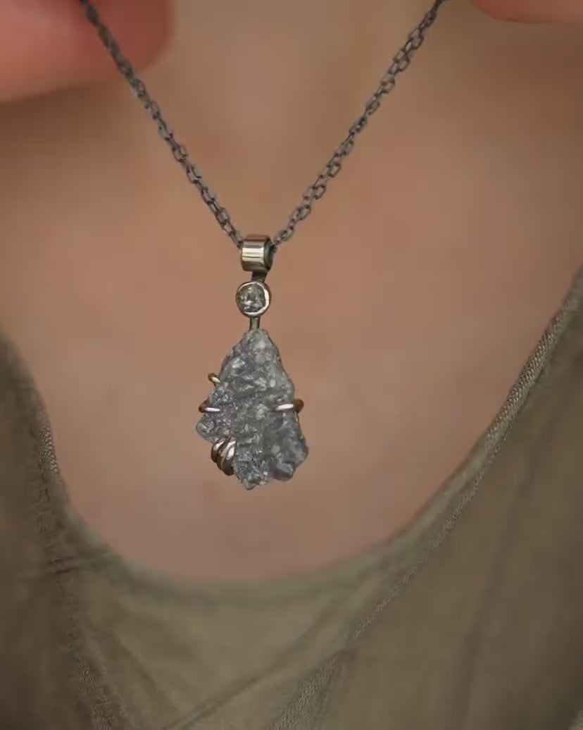 White Gold and Black Silver Uncut Grey Diamond Pendant Necklace