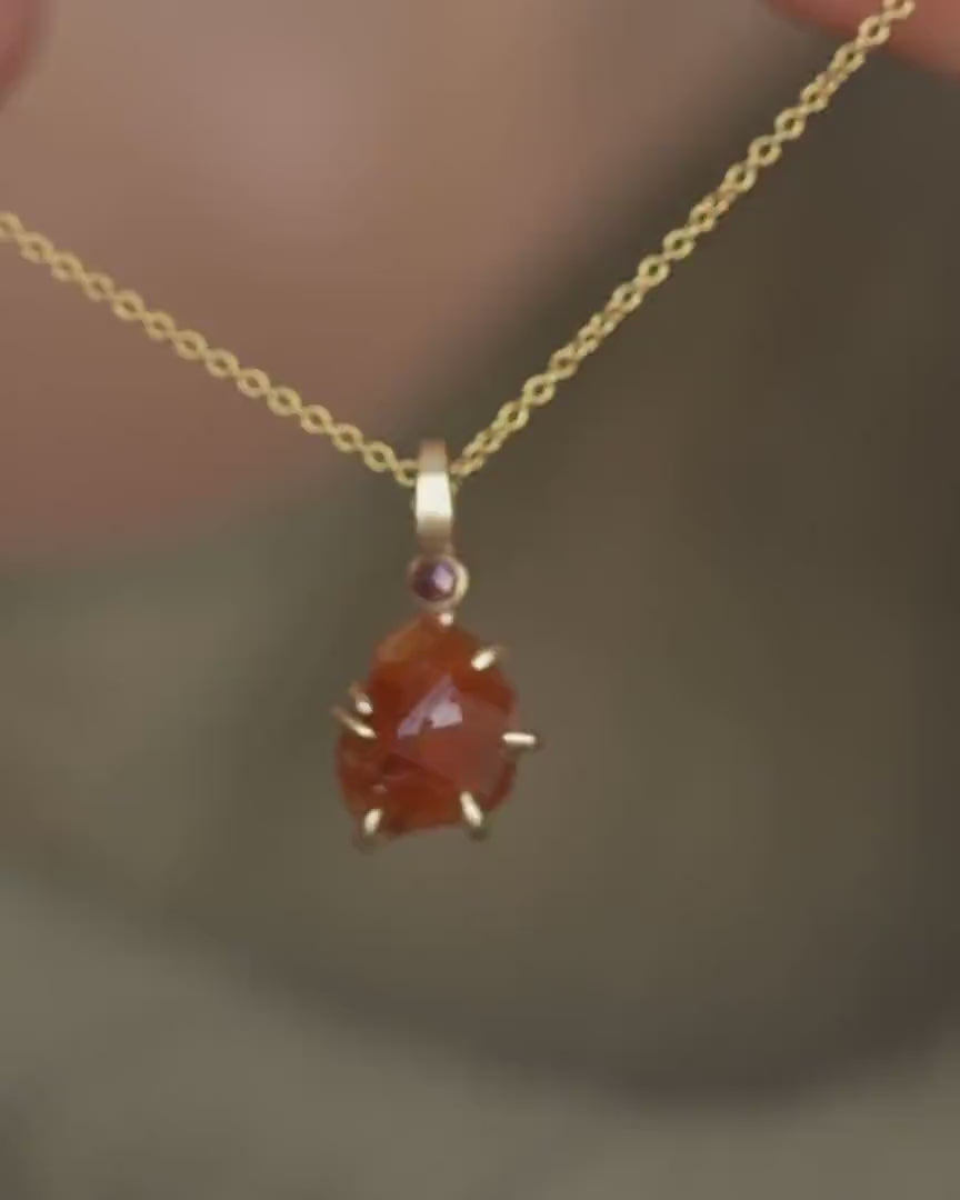 Solid Gold Uncut Orange Garnet Pendant Necklace