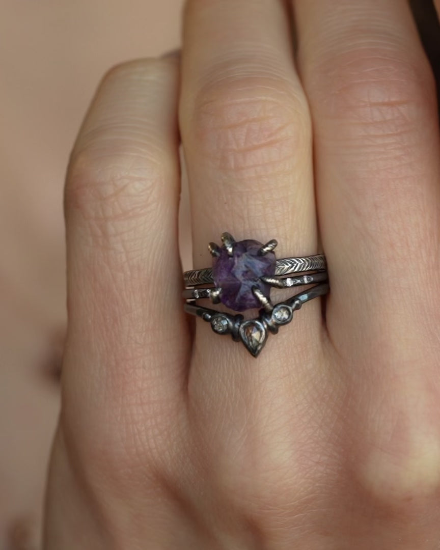 Black Silver Raw Amethyst Ring