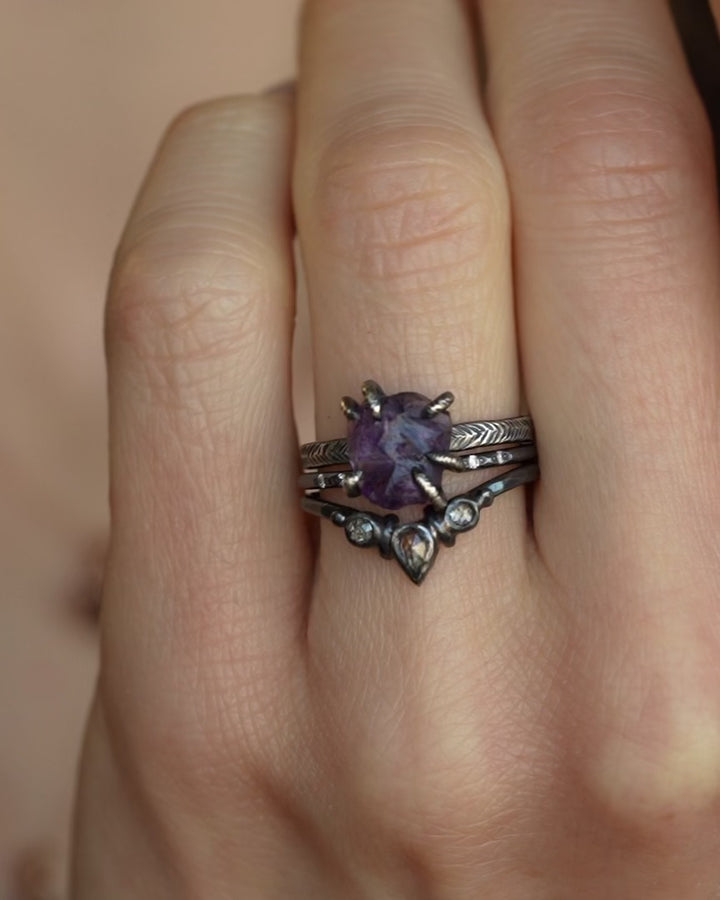Black Silver Raw Amethyst Ring
