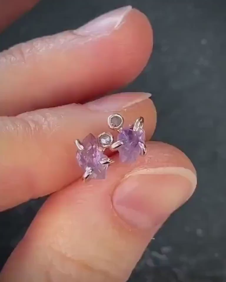 Rose Gold Raw Amethyst and Pink Diamond Studs