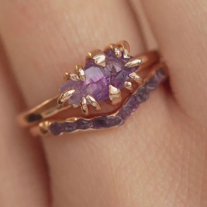 Raw Amethyst Wedding Womens Ring Set