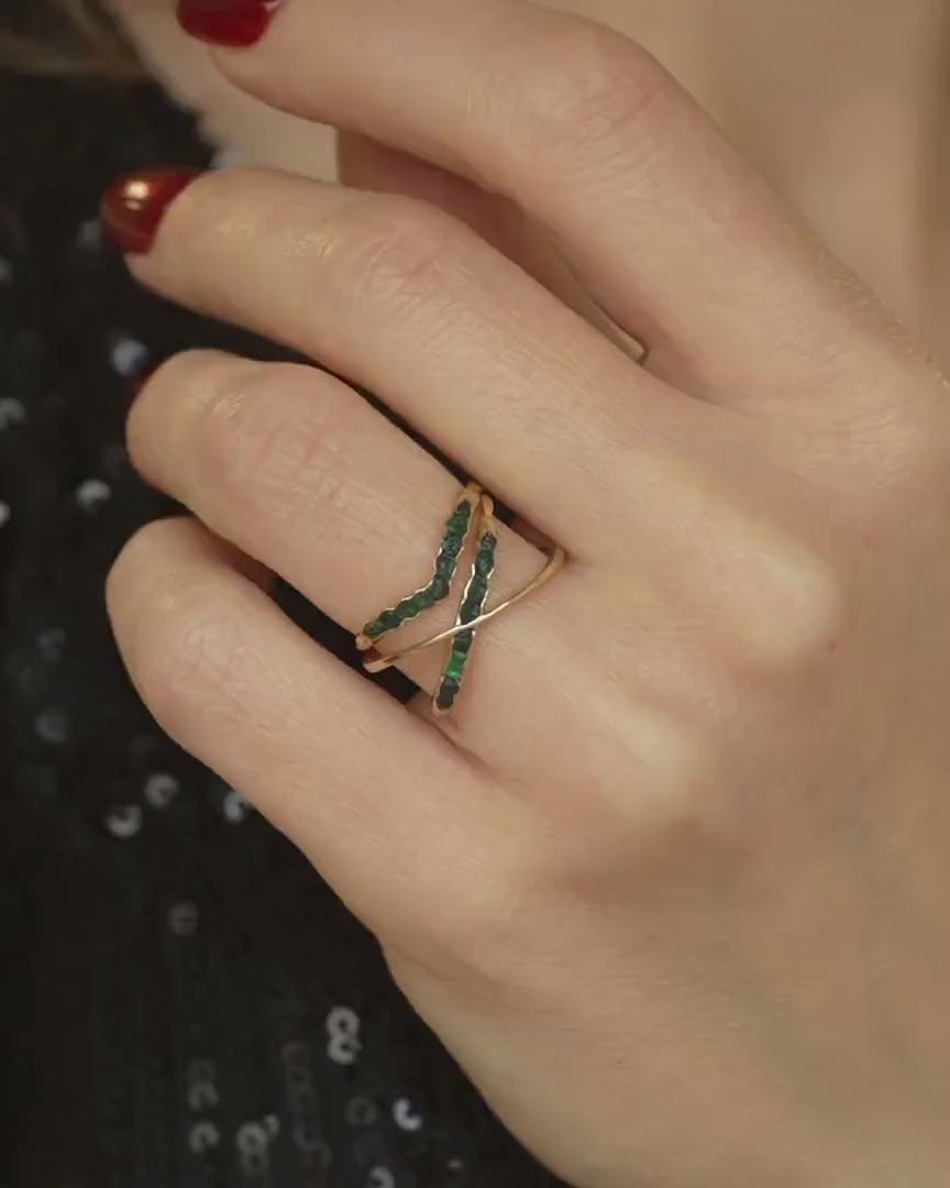 Raw Emerald Gold X Ring