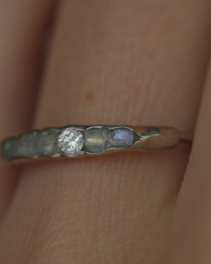 Raw Rainbow Moonstone and Brilliant Cut Diamond Ring