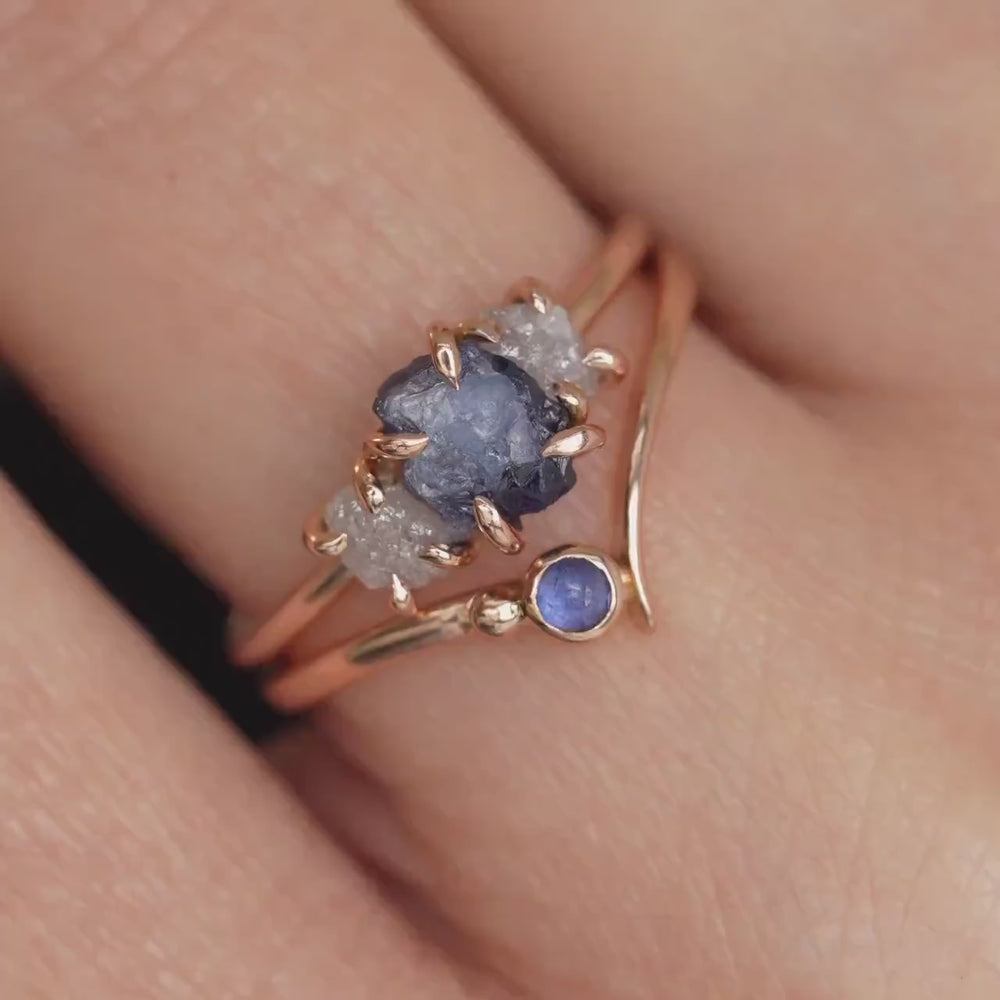 Raw Blue Sapphire and White Diamond Engagement Ring