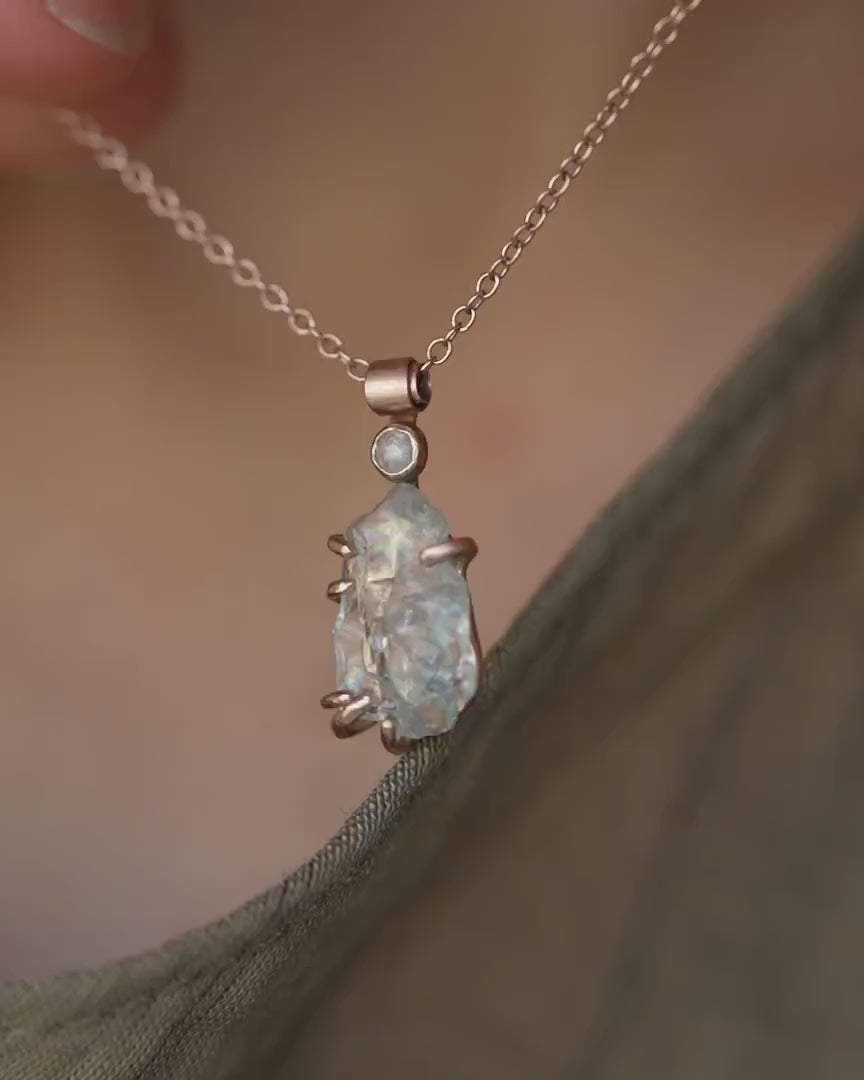 Raw Aquamarine Crystal and Diamond Necklace