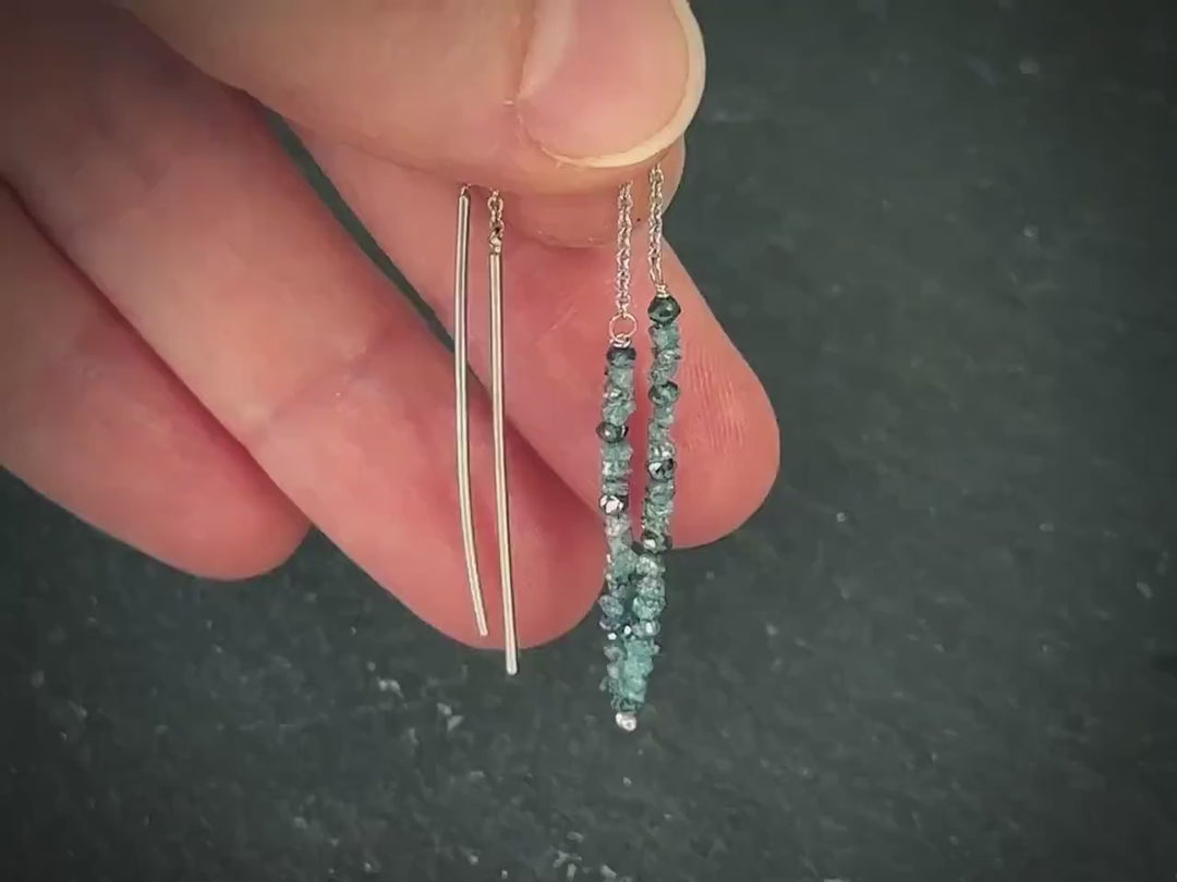 White Gold Blue Diamond Thread Earrings