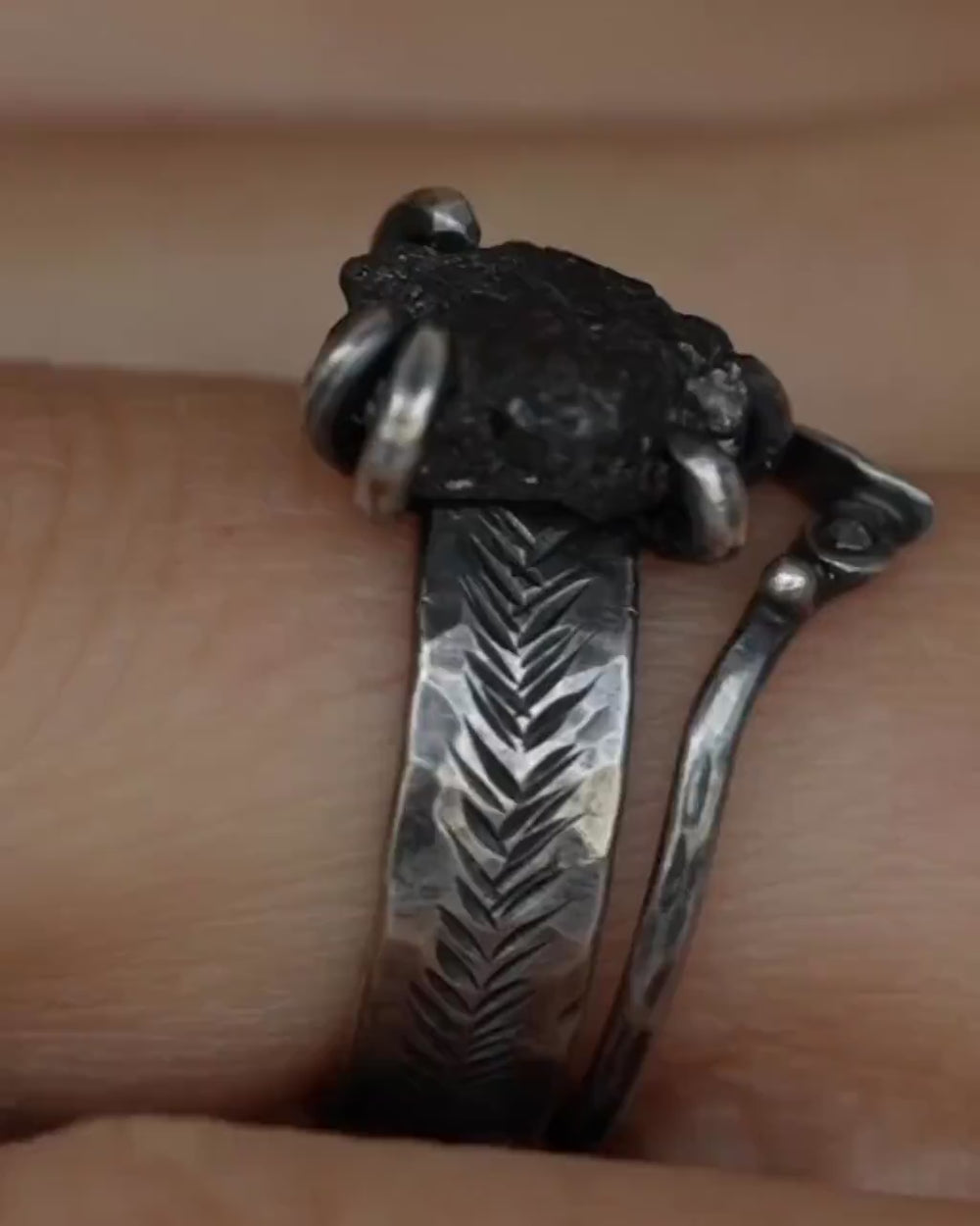 Bold Black Silver and Raw Black Diamond Ring Set