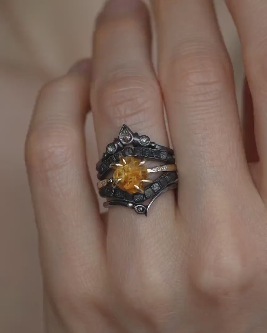 Raw Citrine Crystal and Diamond Ring