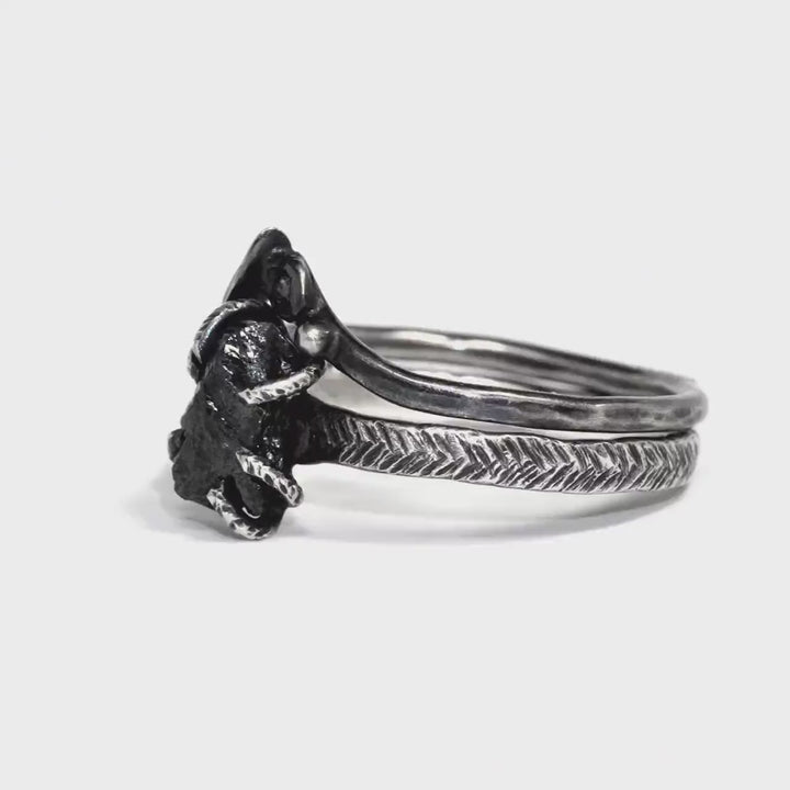 SET of 2 RINGS Rustic Raw Black Diamond Ring Set