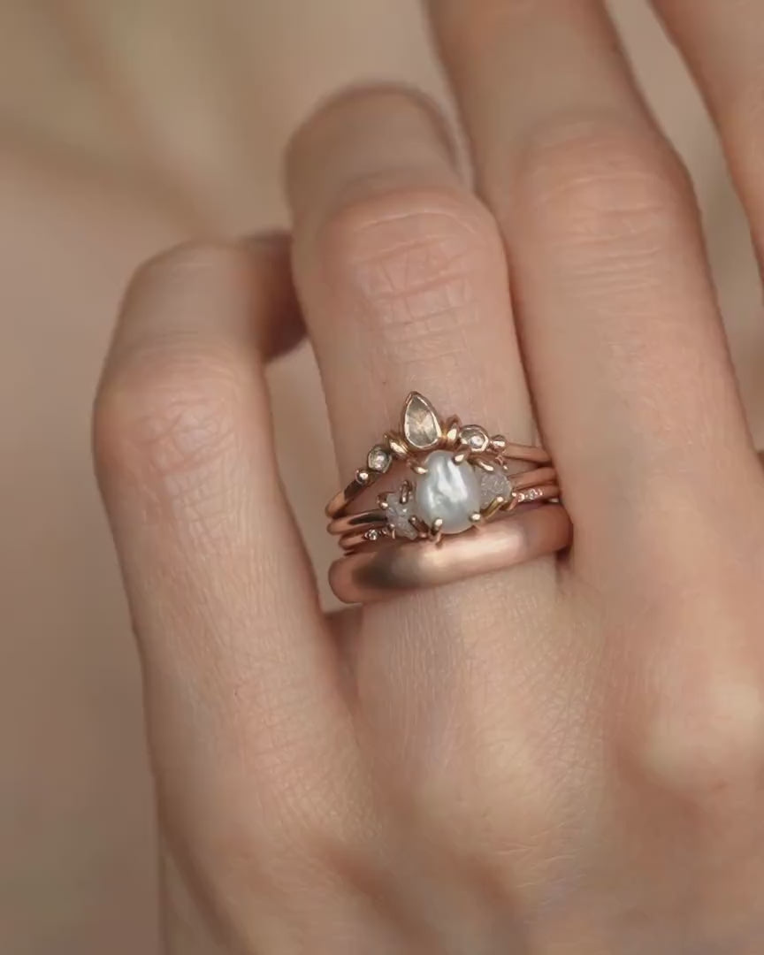 Pearl and Raw Diamond Wedding Ring Set