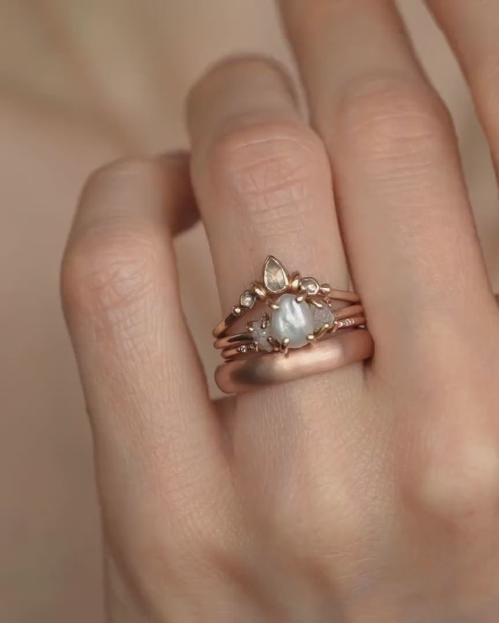 Pearl and Raw Diamond Wedding Ring Set